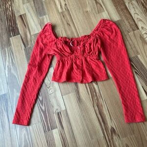Free People Red Textured Long Sleeve Blouse
